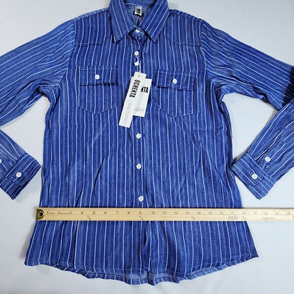 Retro Vertical Striped Button Down Shirt Long Sleeve Mens Size XS Blue - Picture 5 of 8